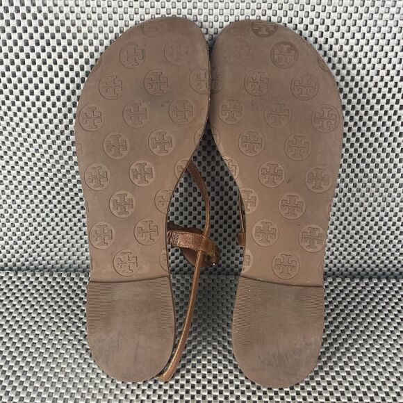 Tory Burch Ali Sandals Womens Size 8 M Brown Leather Gold Logo Thong Sandals - Picture 8 of 9